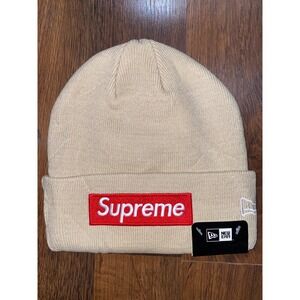 Beige Supreme New Era Beanie Hat Sand World Famous Red Box Logo FW24 Stone Cream